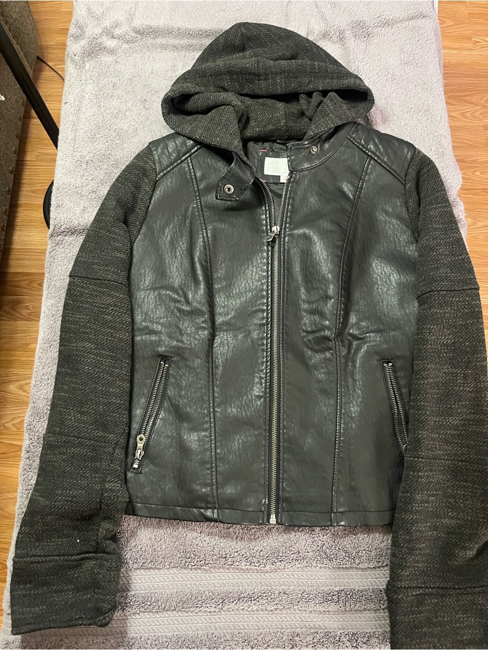 Target Black Faux Leather and Knit Hooded Jacket